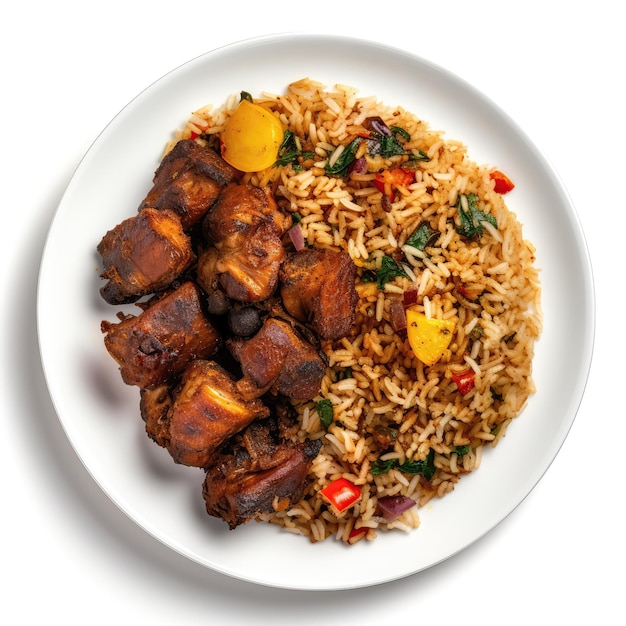 Plat nigérian de riz Ofada sur assiette sur fond blanc directement au-dessus de la vue