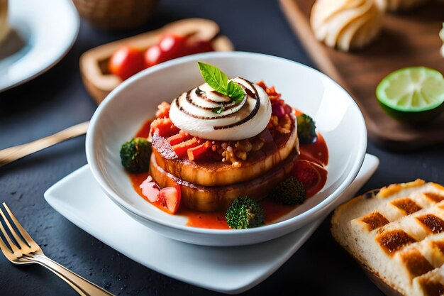 un plat de nourriture avec une assiette de nourriture dessus avec une fraise dessus