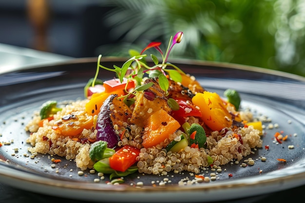 Un plat de nourriture avec une variété de légumes et de céréales