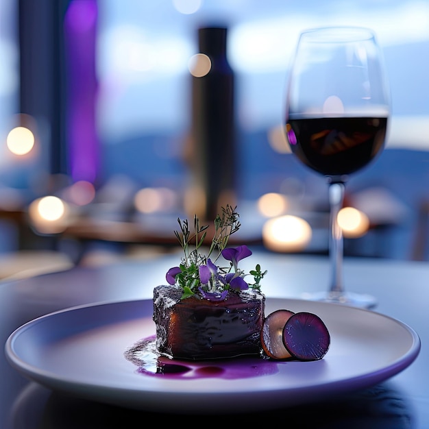 un plat de nourriture avec un verre de vin et un verre de vins