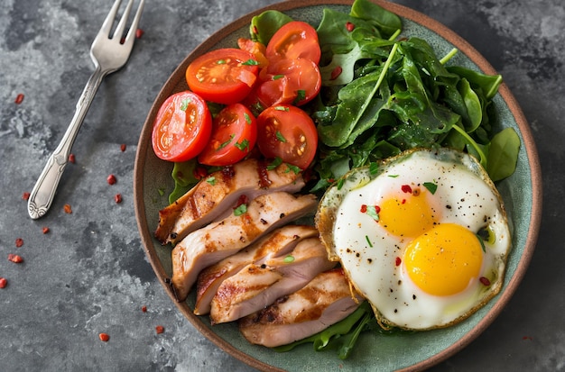 Un plat de nourriture avec de la viande, des œufs, des tomates et de la laitue