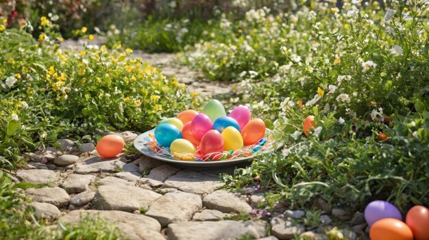 Un plat d'œufs colorés sur un chemin de pierre