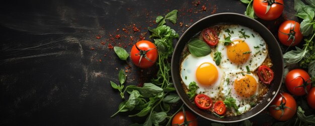 Plat d'œufs de tomate fraîches avec des épinards de basilic