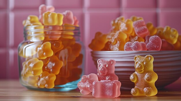 Un plat d'ours en gomme et un pot de verre plein d'eux l'un à côté de l'autre