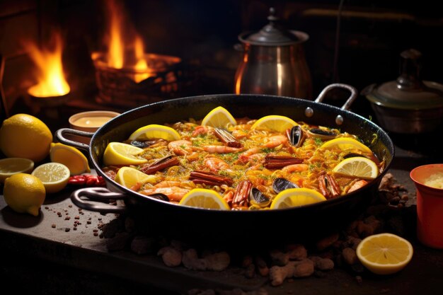 Plat de paella fini avec des quartiers de citron sur le dessus