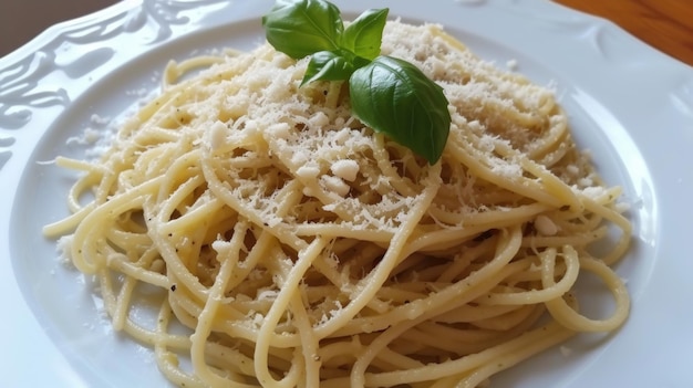 Un plat de pâtes avec du basilic et du parmesan