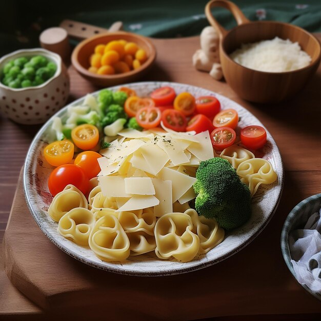 Plat de pâtes réaliste avec légumes et fromage