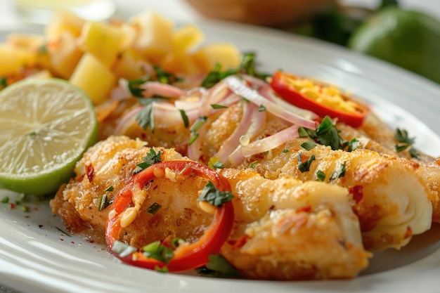 Plat péruvien à base de poisson craqué avec du manioc et de la salade au piment