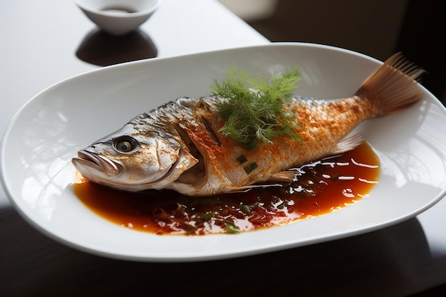 Plat de poisson sur une assiette généré par l'IA