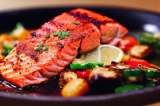 Plat de poisson au saumon grillé préparé avec des légumes sur le gros plan de la plaque