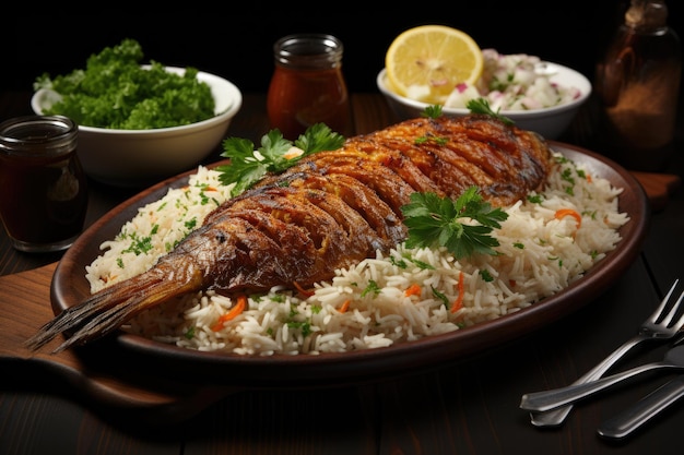 un plat de poisson frit avec sauce publicité professionnelle photographie culinaire