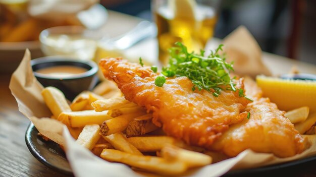 Un plat de poisson et de frites avec de la sauce tartare et une pinte de bière en arrière-plan