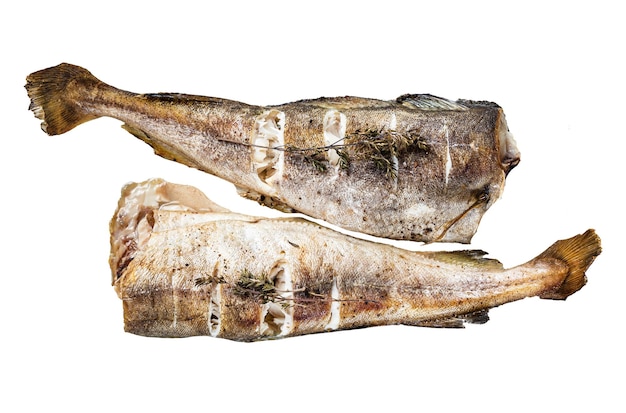 Photo plat de poisson poisson de morue rôti avec des herbes dans le plat de cuisson fond blanc isolé