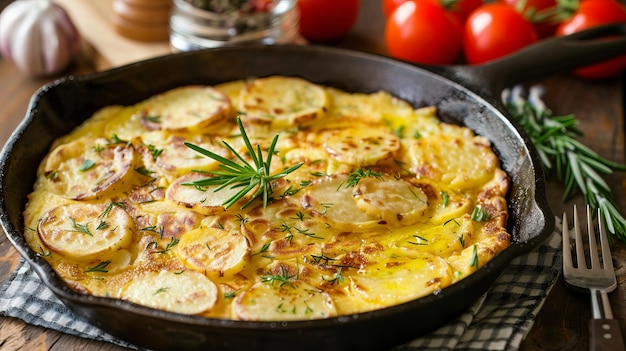 Un plat avec des pommes de terre faites dans une poêle à frire