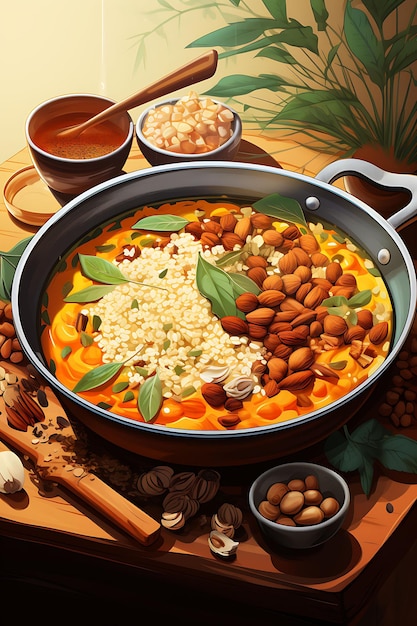 Plat de Pongal avec du ghee et des noix de cajou chaud et de la récolte couleur India mise en page de la culture culinaire
