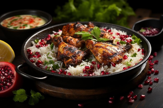 Un plat de poulet et de fromage avec un bol de sauce rouge à côté