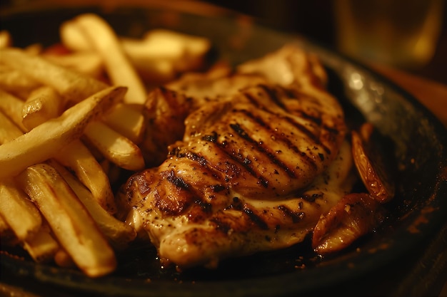 Photo un plat de poulet grillé et de frites