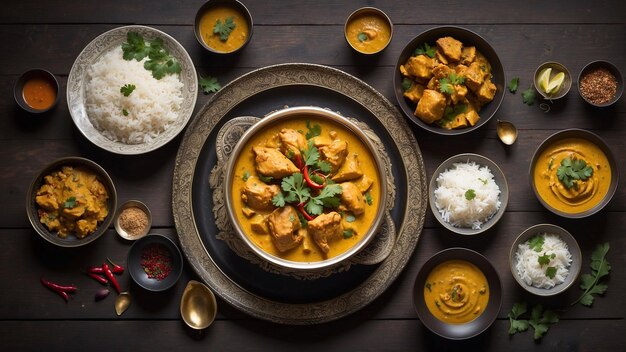 Un plat de poulet Korma magnifiquement présenté est capturé d'en haut de ses teintes dorées et habilement arra