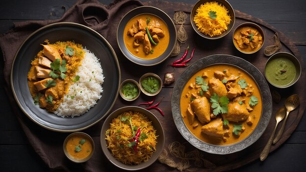 Un plat de poulet Korma magnifiquement présenté est capturé d'en haut de ses teintes dorées et habilement arra