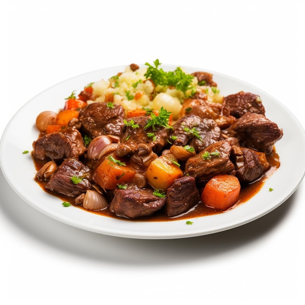 Plat de ragoût de boeuf bourguignon sur fond blanc