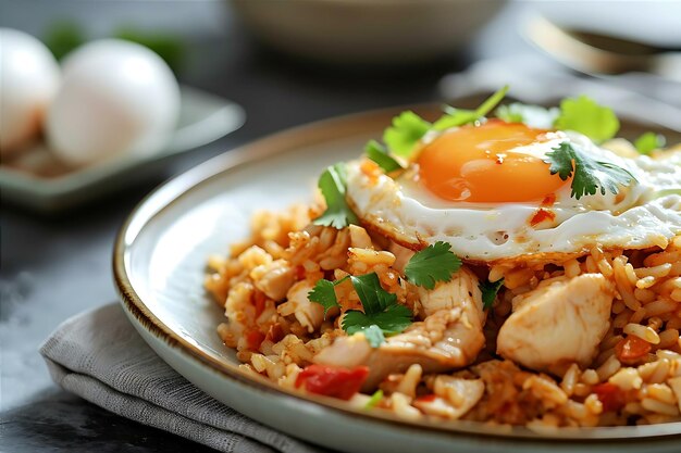 Un plat de riz brun avec du poulet et des œufs