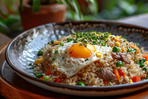 Un plat de riz frit avec de la viande, des œufs et des légumes