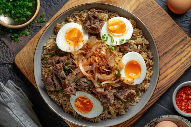 Photo un plat de riz parfumé cuit avec des morceaux de viande tendre épices aromatiques oignons frits