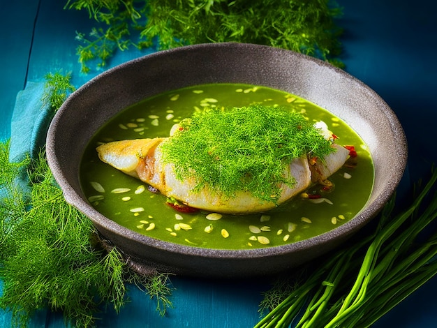 Un plat rond de poisson avec des tranches d'amande dans du gingembre et du piment sauce d'aneth fraîche avec des légumes verts