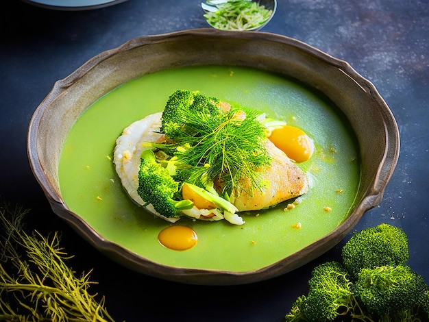 Un plat rond de poisson avec des tranches d'amande dans du gingembre et du piment sauce d'aneth fraîche avec des légumes verts