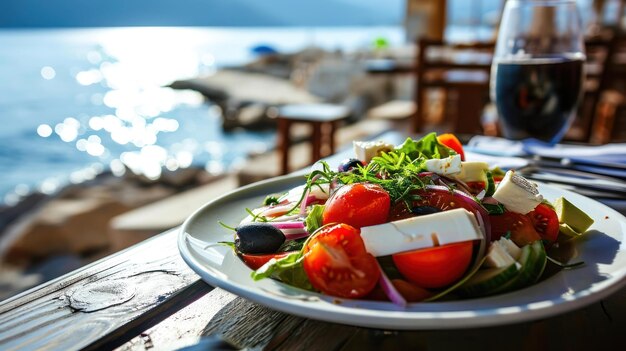 Photo un plat de salade grec contre un café au bord de la mer