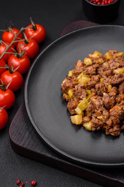 Plat savoureux composé de courgettes boeuf viande champignons oignons et ail