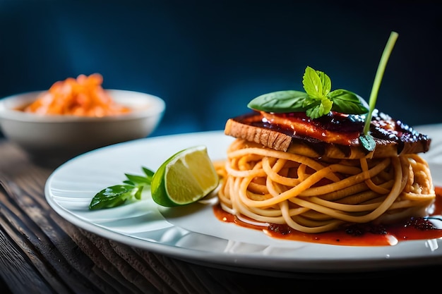 un plat de spaghettis avec une assiette de nourriture avec un bol de nourriture dessus