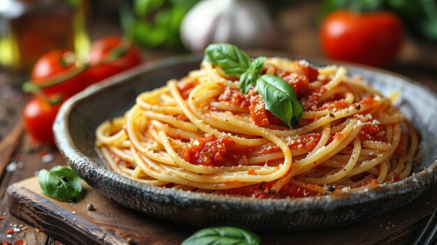 Un plat de spaghettis avec de la sauce tomate et du basilic