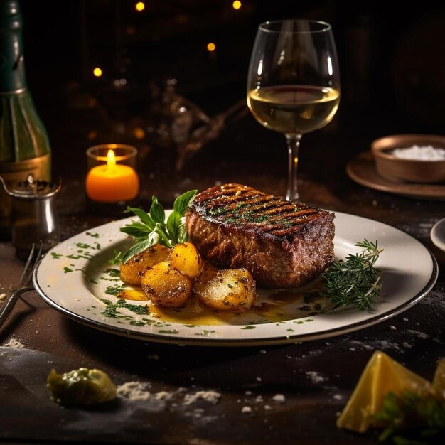 un plat de steak, des pommes de terre et un verre de vin.