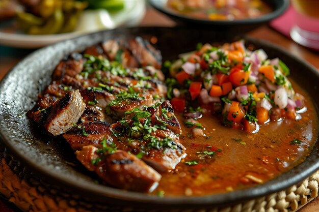 Photo un plat tentant de soupe de viande et de salsa