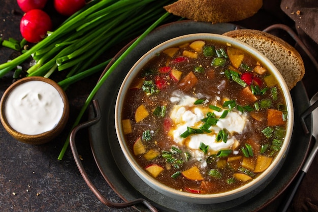 Plat traditionnel Cuisine russe Soupe d'Okrochka d'été froide avec saucisse de kvas et légumes