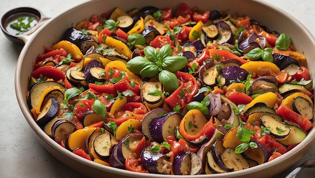 Photo plat traditionnel français de ratatouille comprenant des aubergines, des poivrons, des courgettes et des tomates