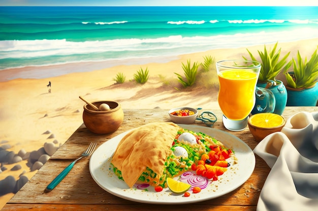 Plat végétalien pour le petit déjeuner au restaurant sur la côte de la mer servi à table sur la plage