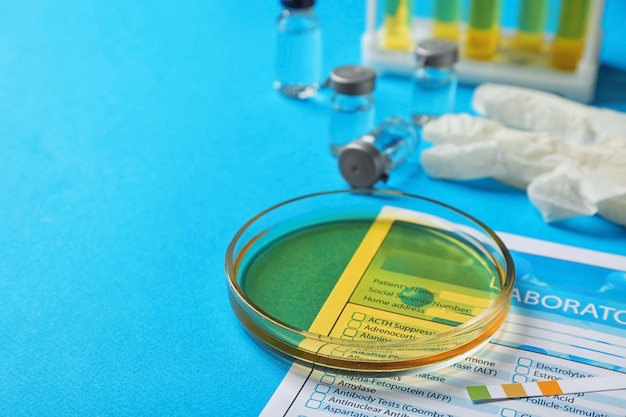 Plat en verre avec échantillon d'urine et formulaire de test sur table Concept d'urologie