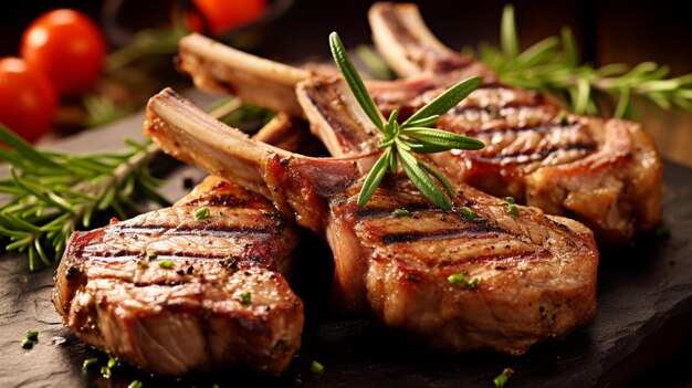 Photo un plat de viande est servi sur une assiette avec un dessus vert.