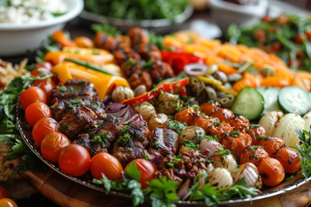 Plat de viande, de légumes et de salade grillés