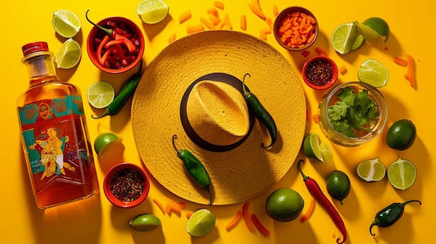 Un plat vibrant inspiré du Cinco de Mayo avec un sombrero poncho maracas tequila et du citron vert