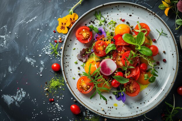 Un plat vibrant de tomates d'héritage ornées de fleurs et de verts comestibles généré par l'IA