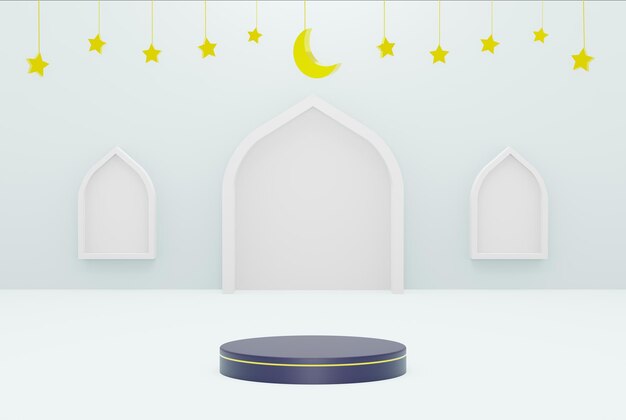 Plate-forme 3d avec étoile de fond bleu et croissant de couleur blanche ramadan kareem eid et islamique