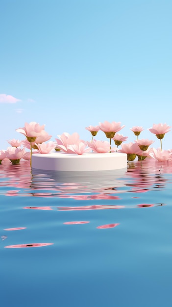 une plate-forme blanche entourée de fleurs roses dans l'eau