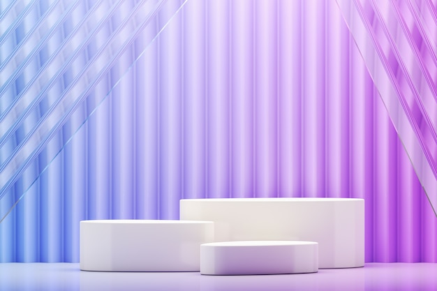 plate-forme blanche à trois sur un fond en zigzag dégradé bleu et violet