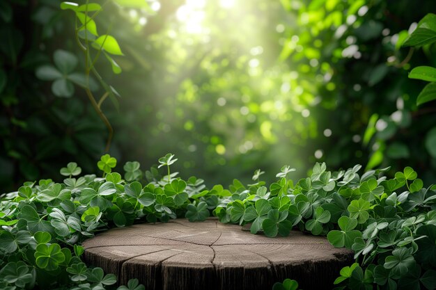 Une plate-forme en bois entourée de feuilles de trèfle vibrantes