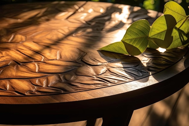 Plate-forme en bois avec un grand fond vert feuillu