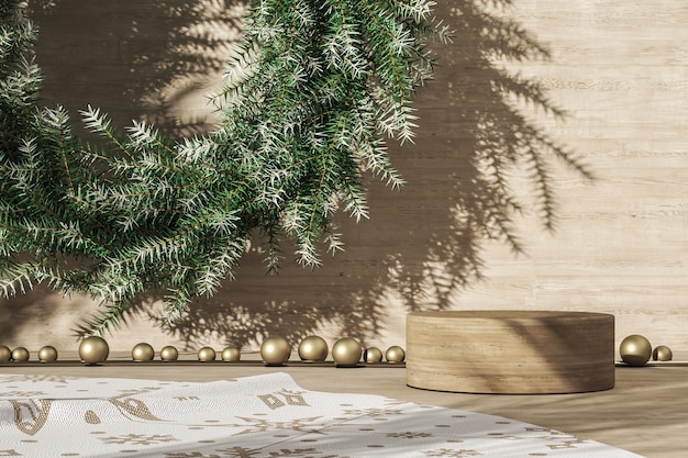 La plate-forme cylindrique en bois et la décoration de Noël. rendu 3D