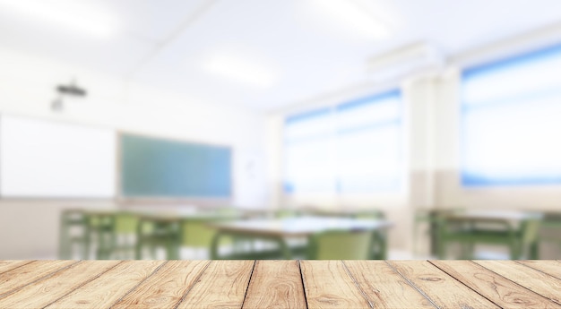 Plate-forme d'espace de bureau en bois vide avec fond de classe d'école pour l'affichage du produit